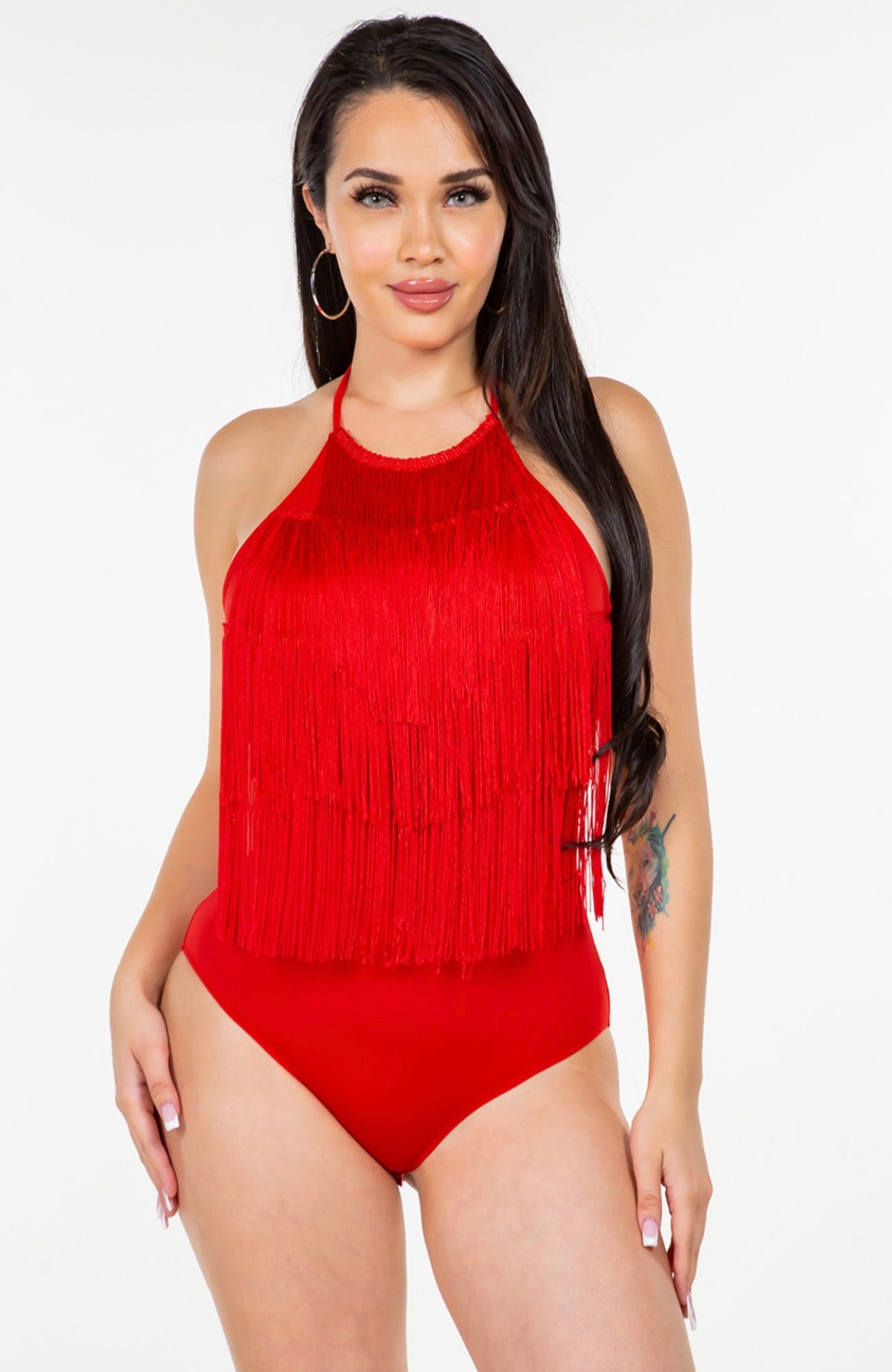 Halter fringe bodysuit(black & red color)