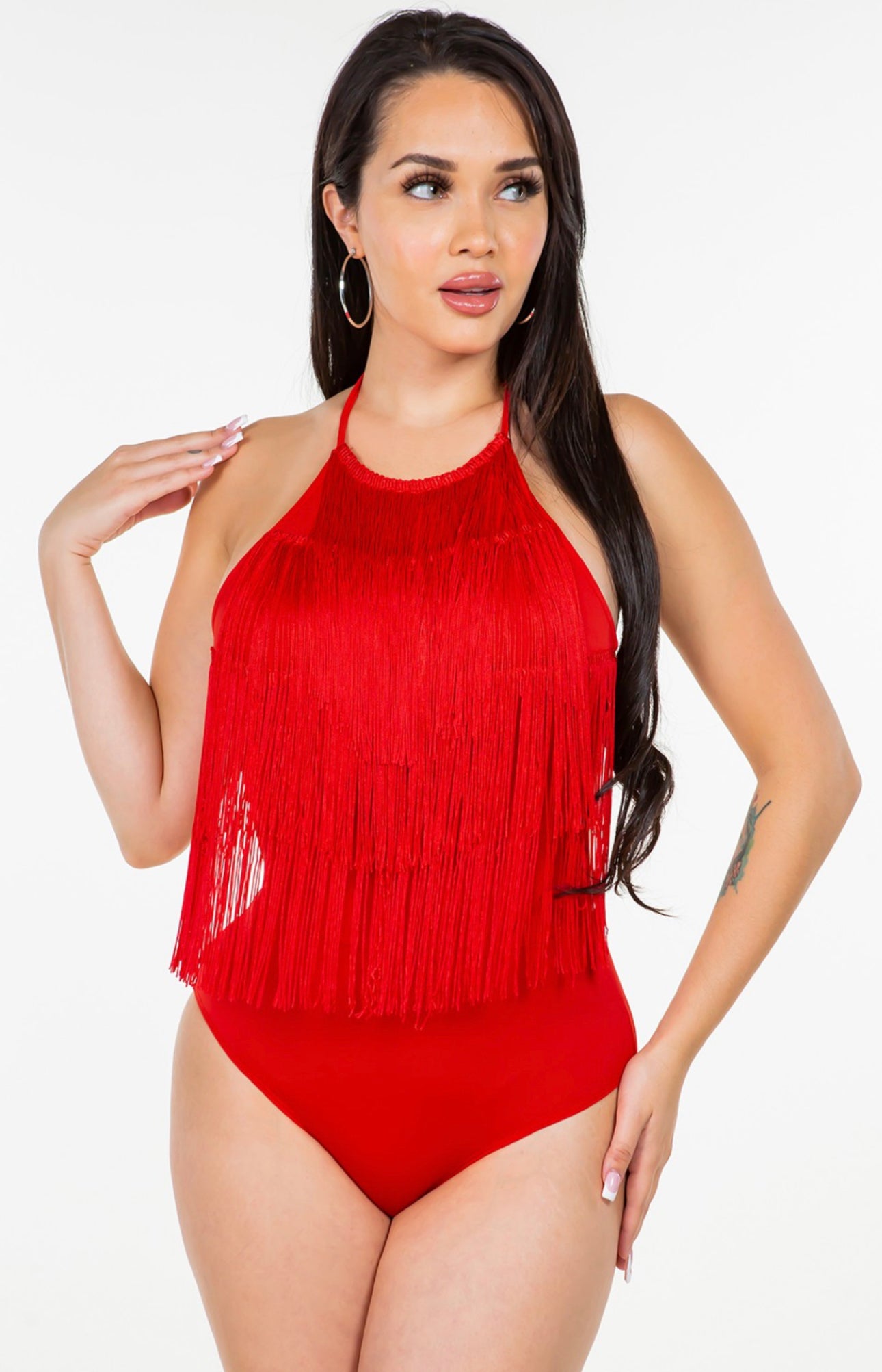 Halter fringe bodysuit(black & red color)
