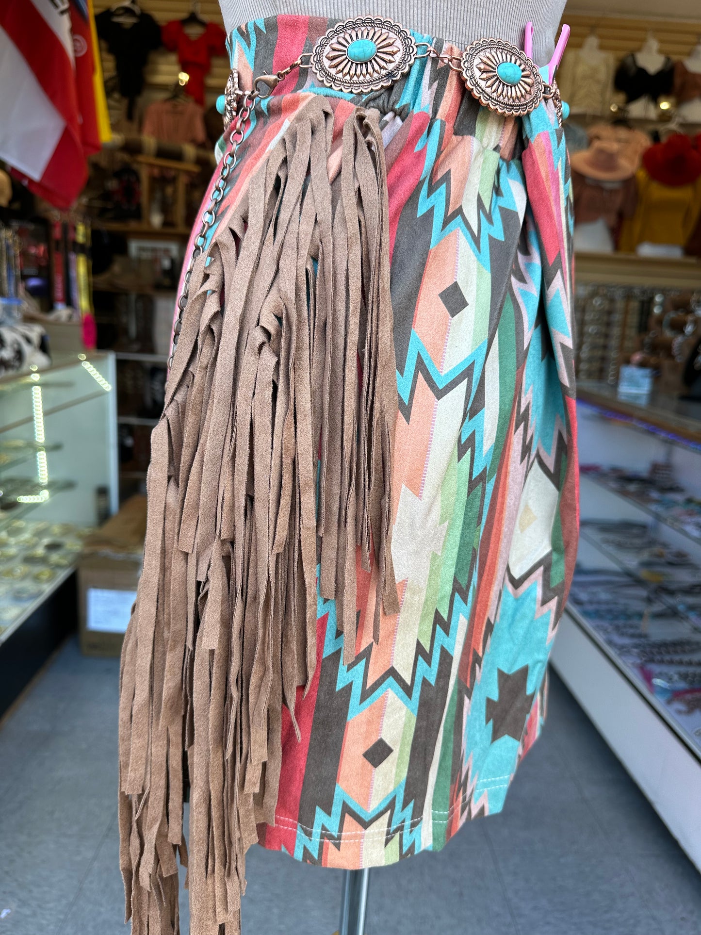 Aztec print fringe skirt