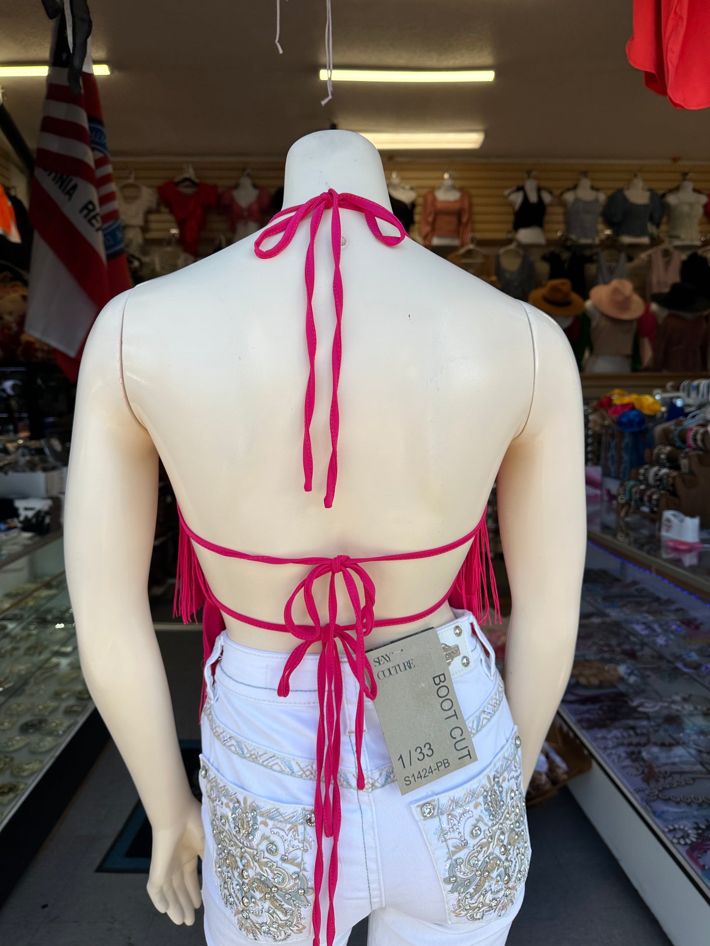 Halter fringe top (hot pink)