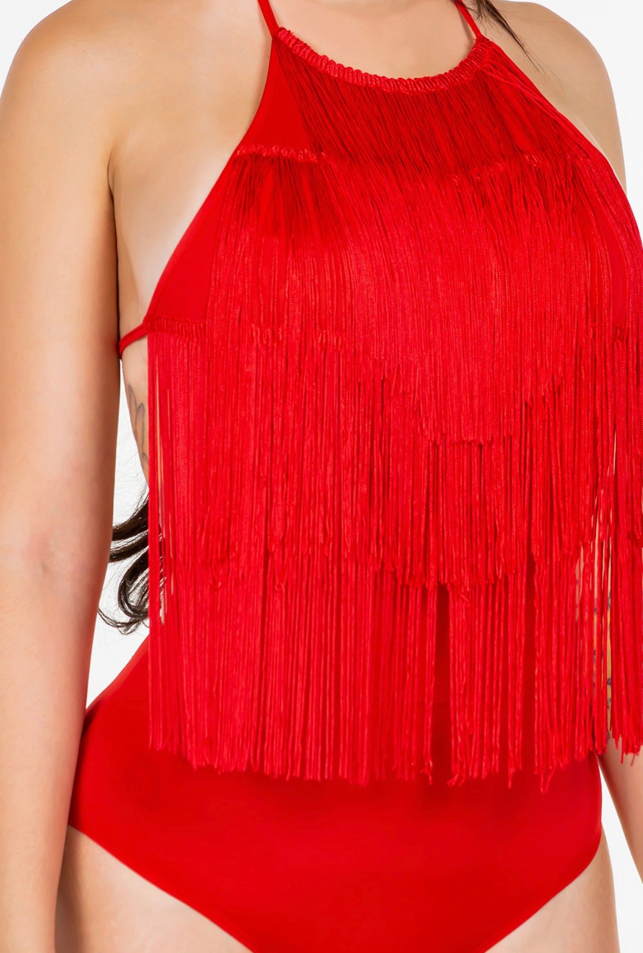 Halter fringe bodysuit(black & red color)