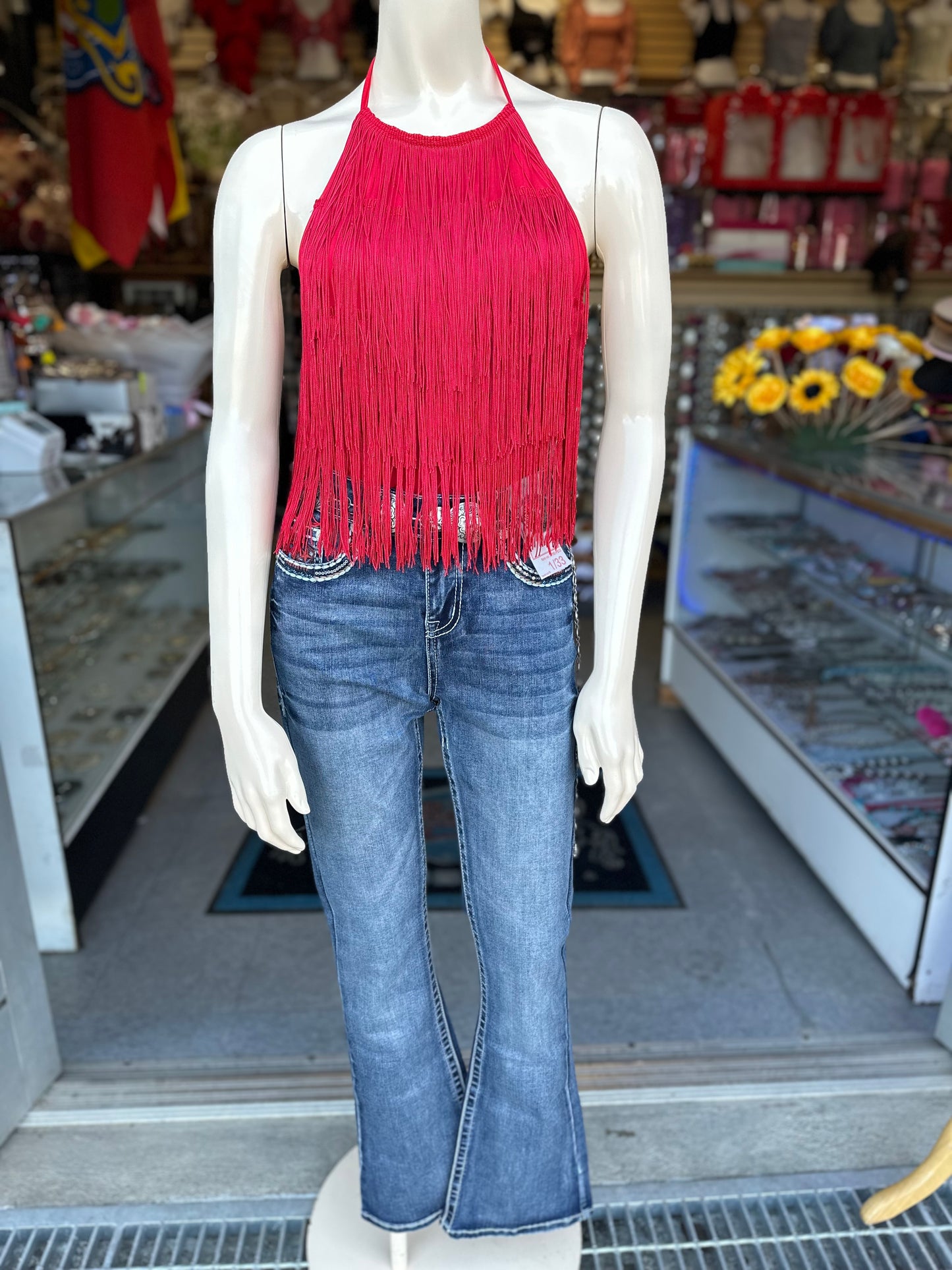 Halter fringe bodysuit(black & red color)
