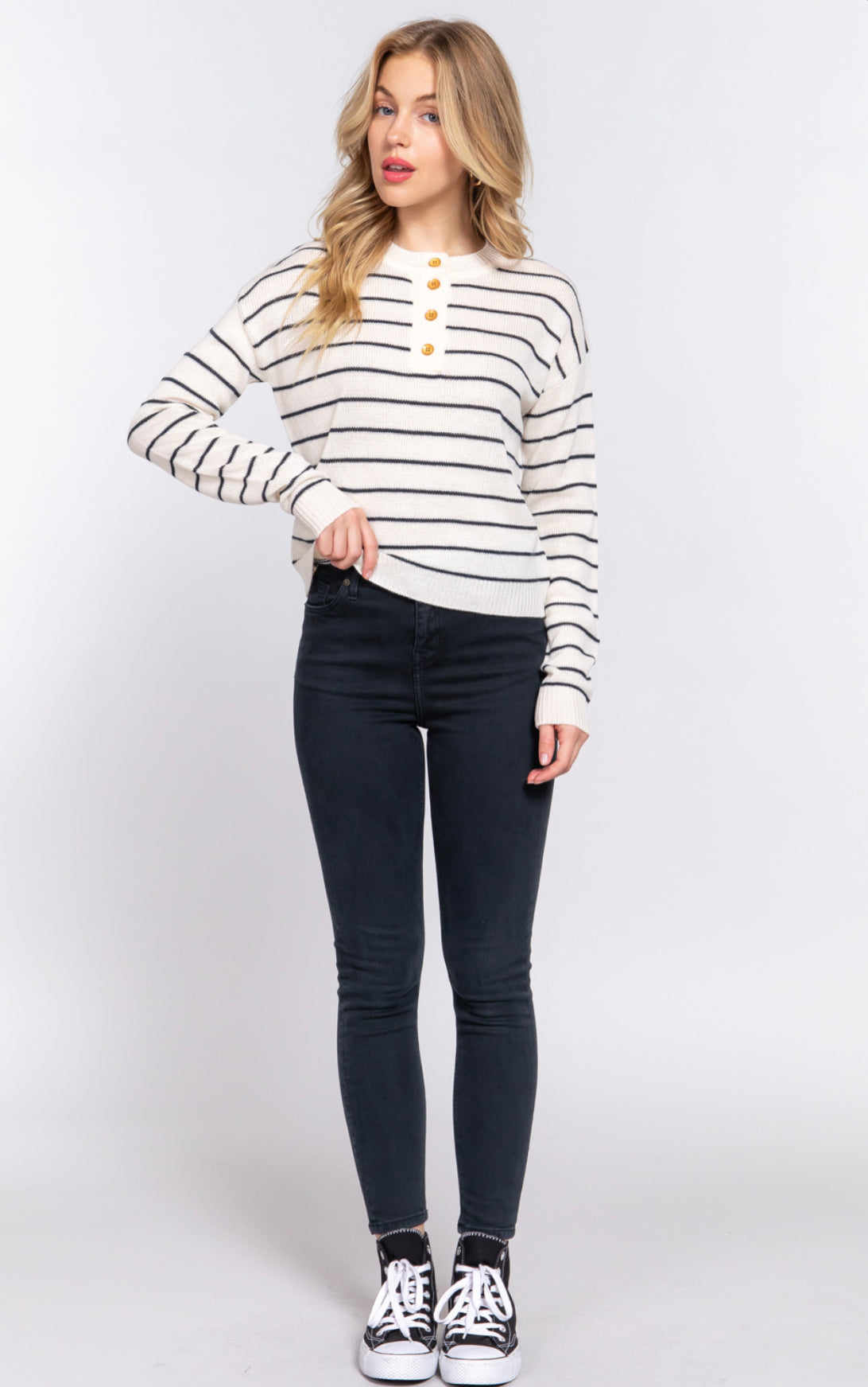 LONG SLV PLACKET STRIPE SWEATER