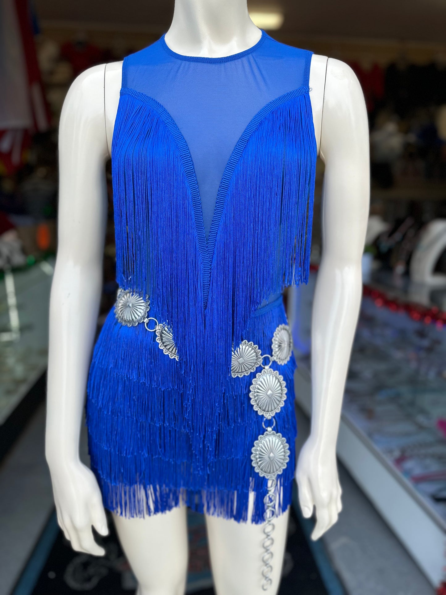 Fringe Mesh Romper (Royal blue)