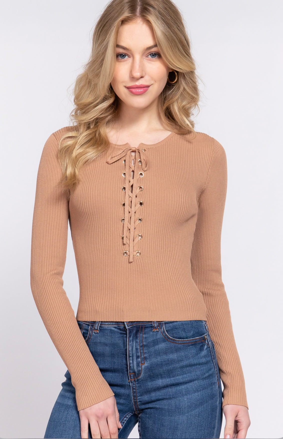 LONG SLV CREW NECK LACE UP TOP