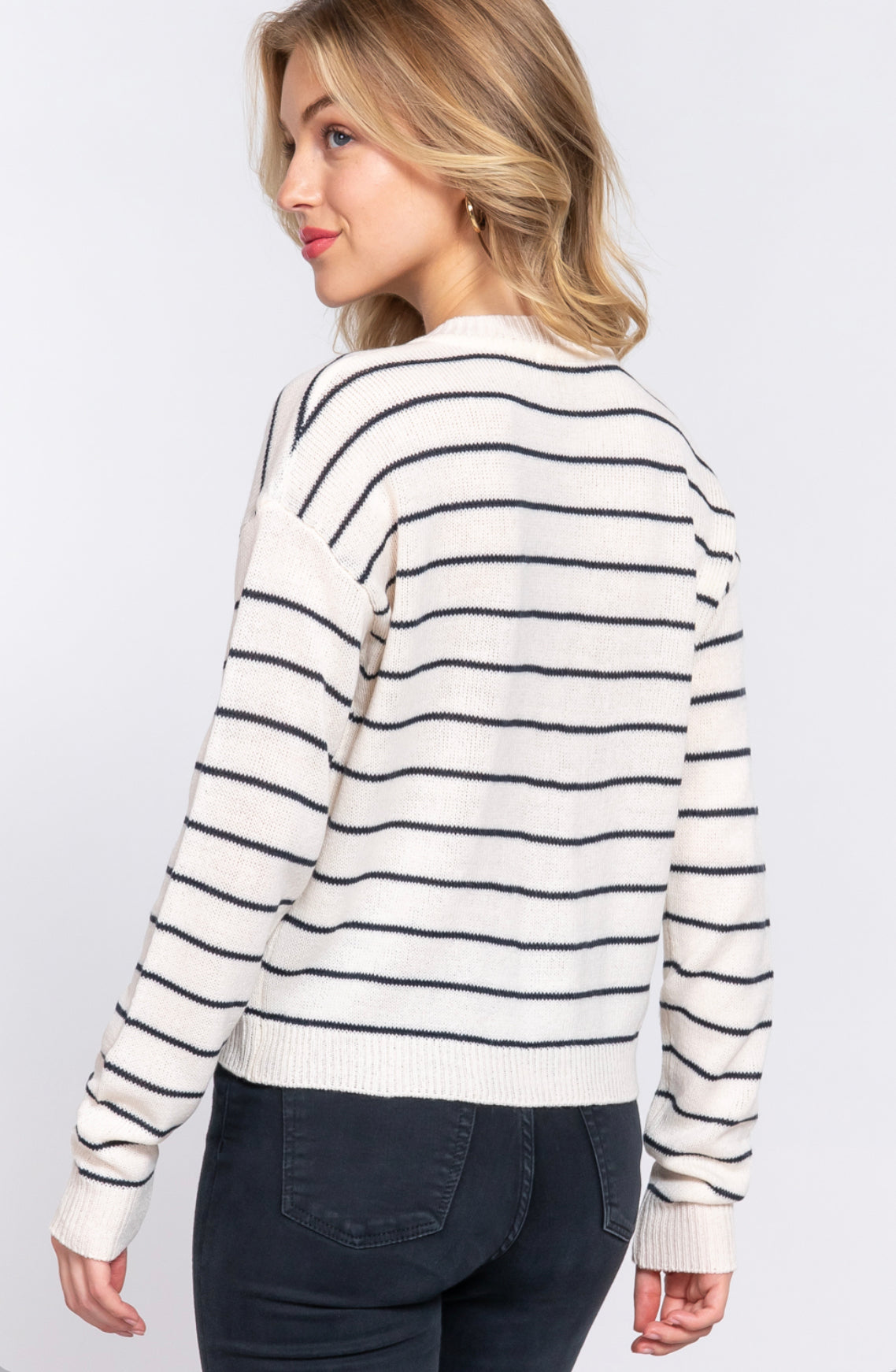 LONG SLV PLACKET STRIPE SWEATER
