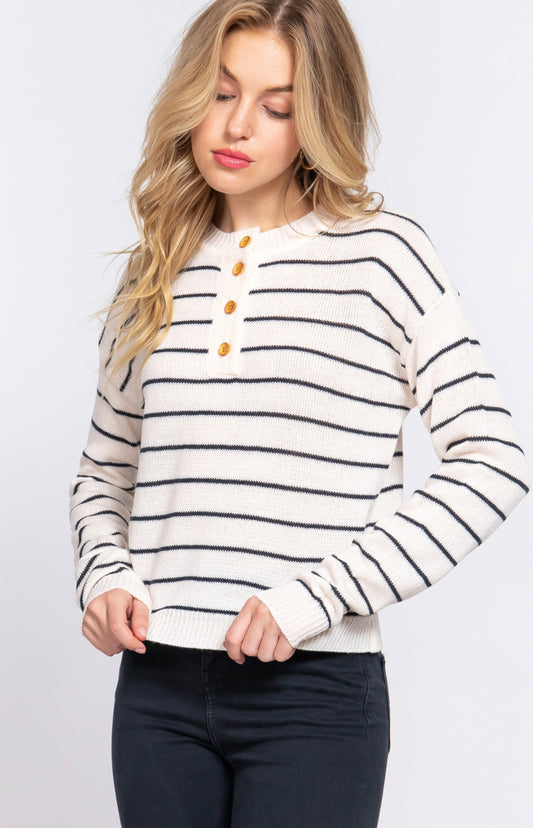 LONG SLV PLACKET STRIPE SWEATER