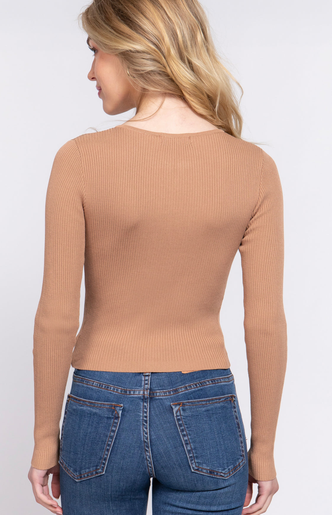 LONG SLV CREW NECK LACE UP TOP
