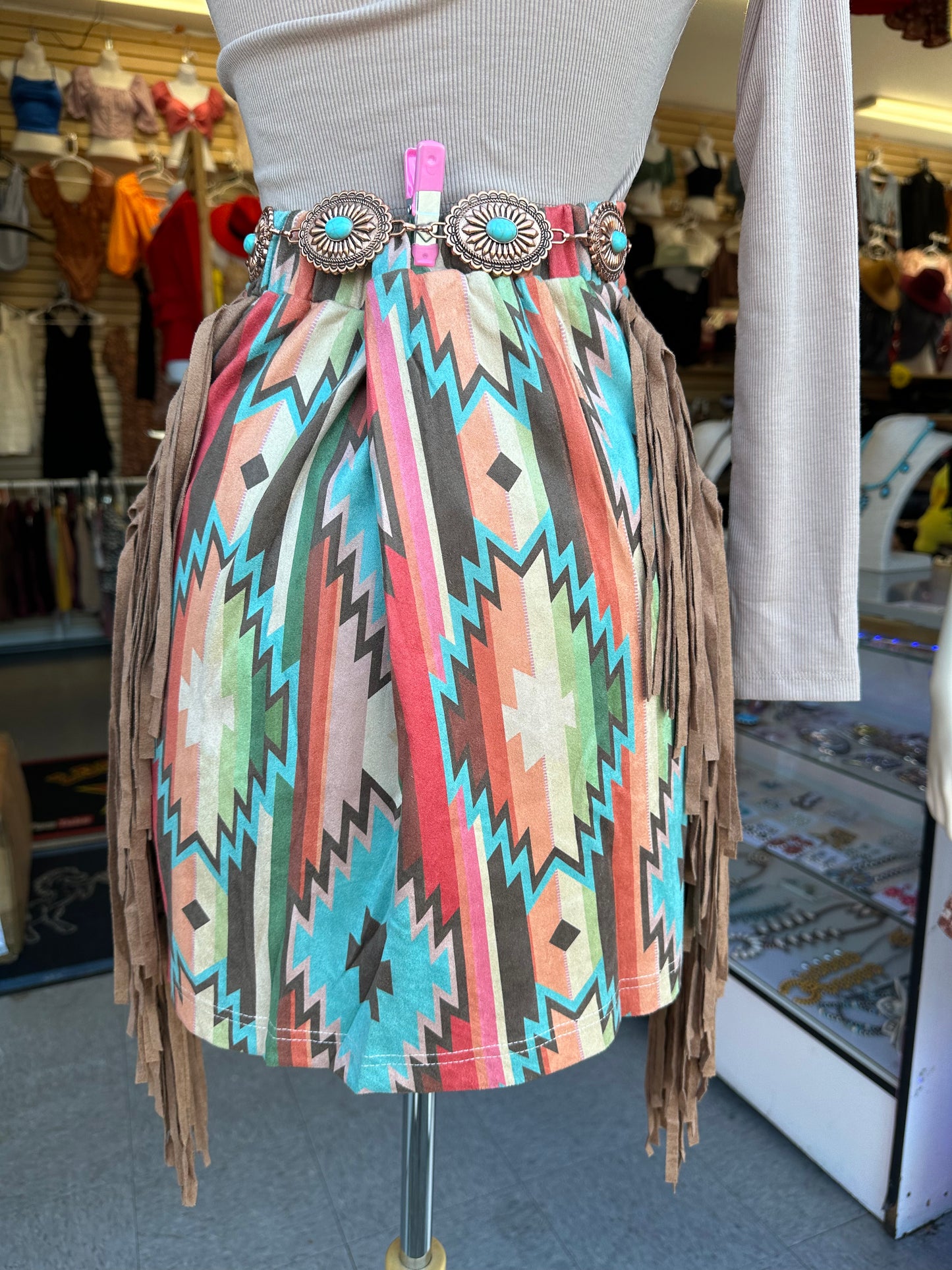 Aztec print fringe skirt