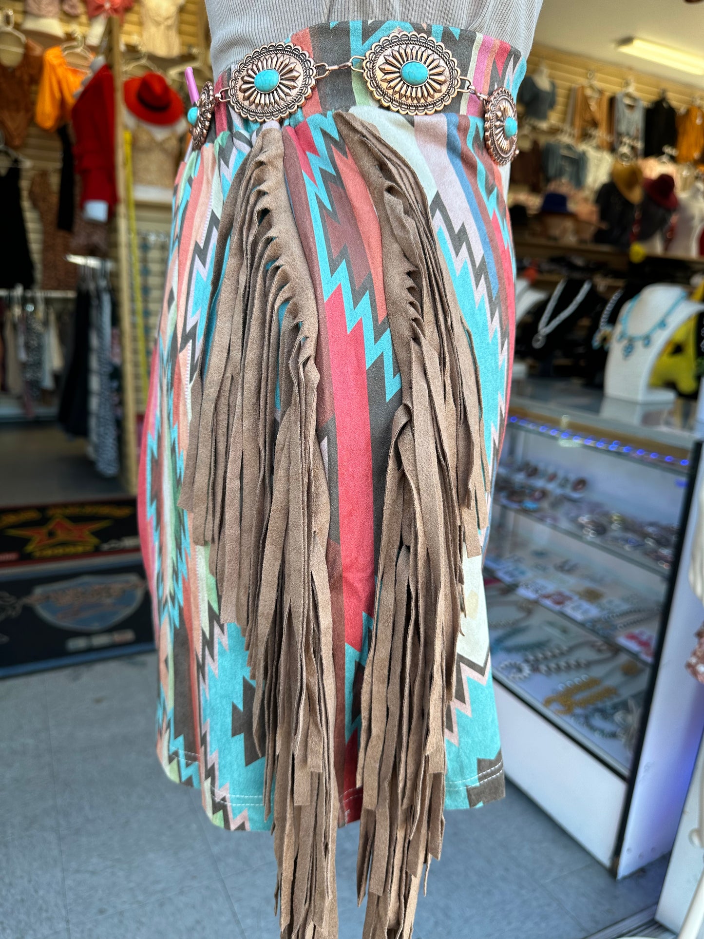 Aztec print fringe skirt