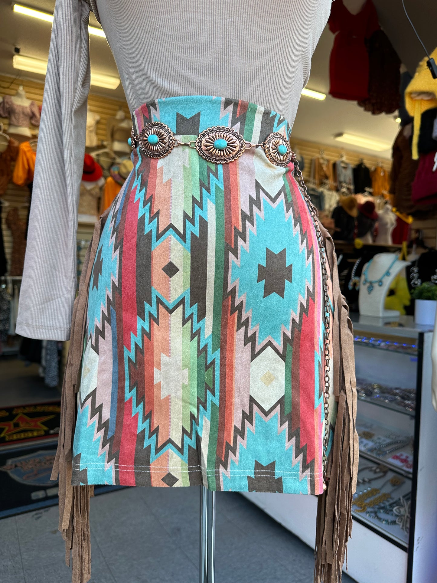Aztec print fringe skirt