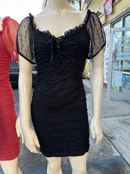 Ruched off shoulder dotted dress (reg & plus size)