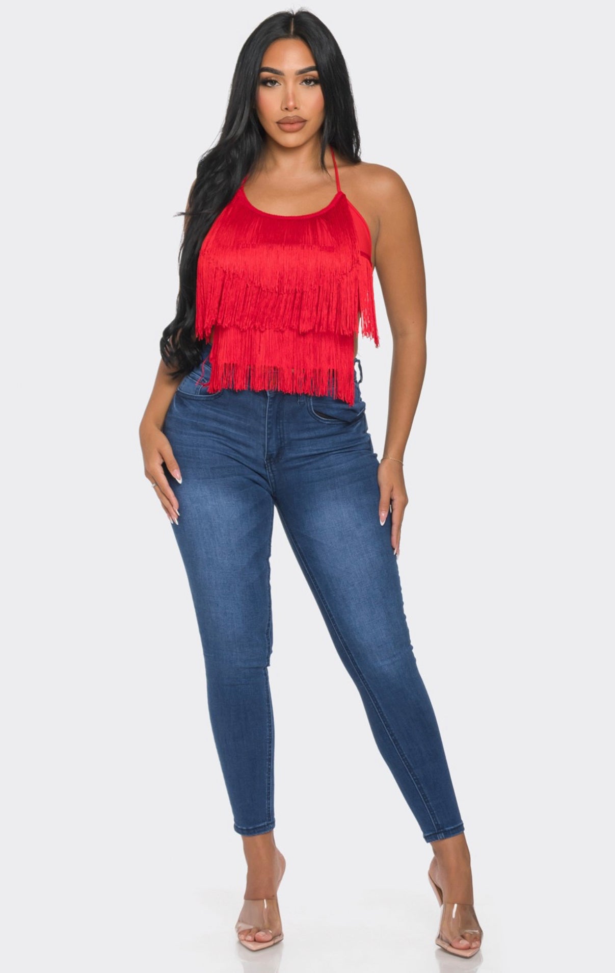 Halter neck fringe top
