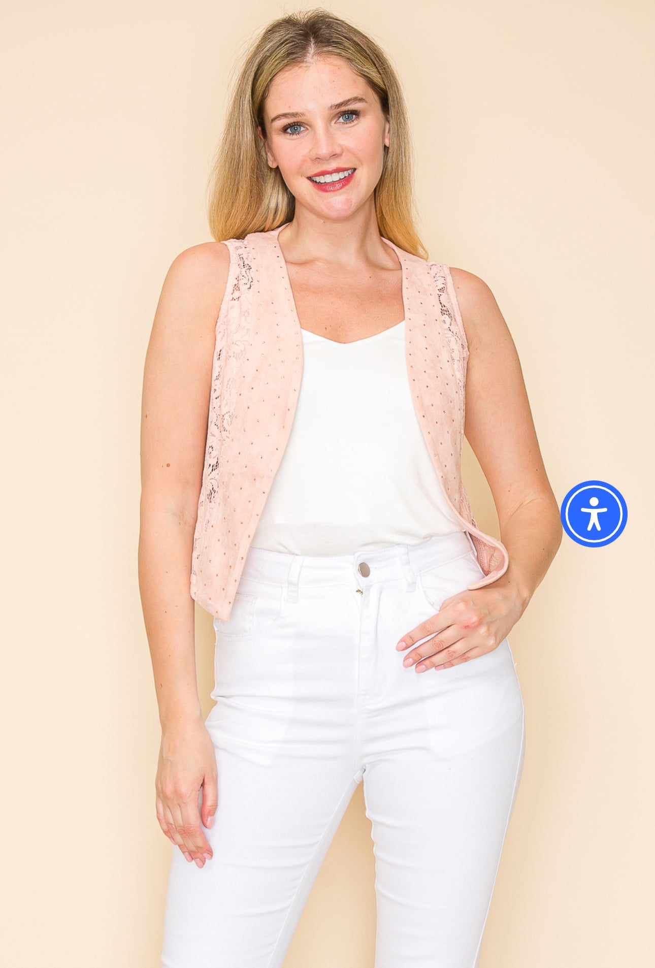 PEACH SUEDE AND LACE VEST WITH RHINESTONES