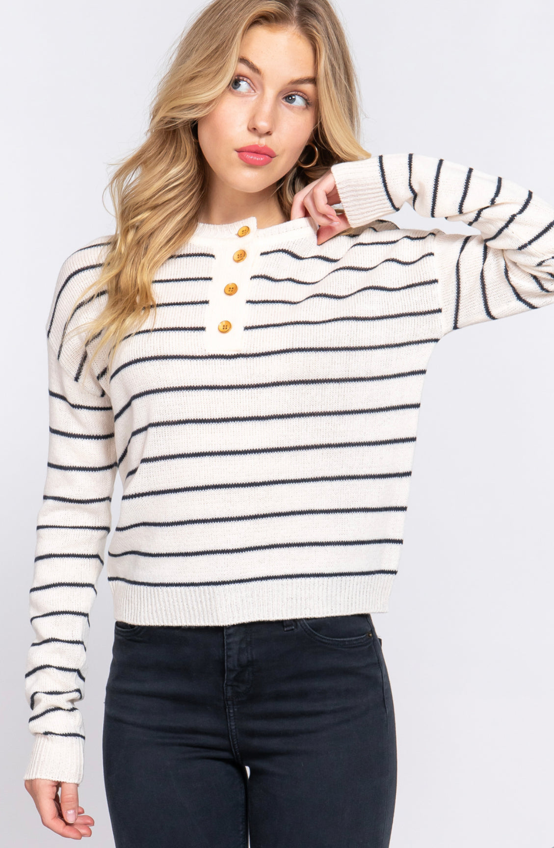 LONG SLV PLACKET STRIPE SWEATER