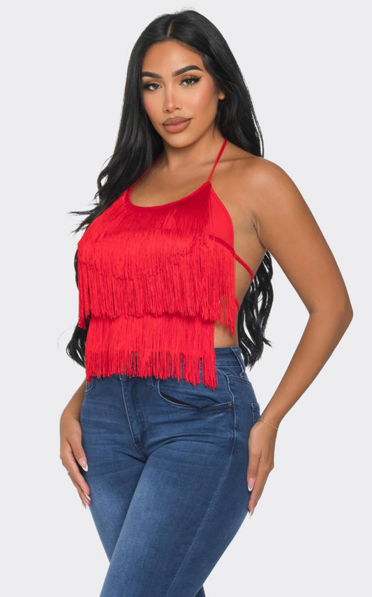 Halter neck fringe top