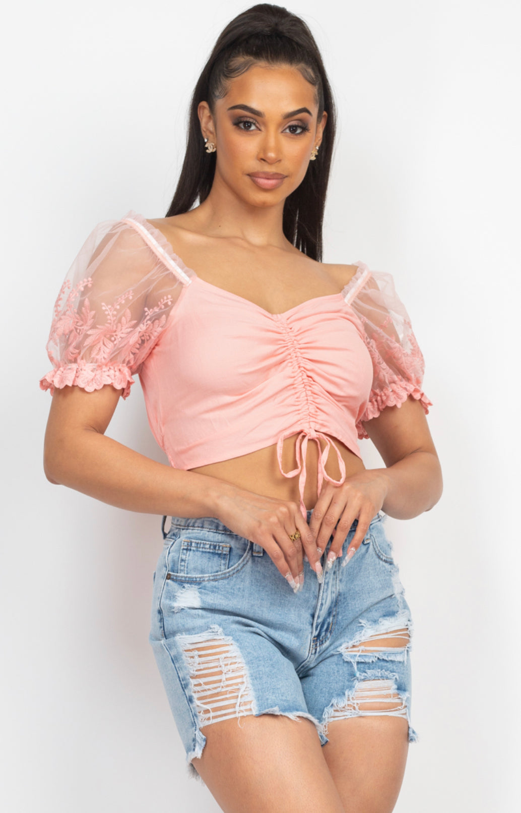 Lace Puff Sleeve Ruched