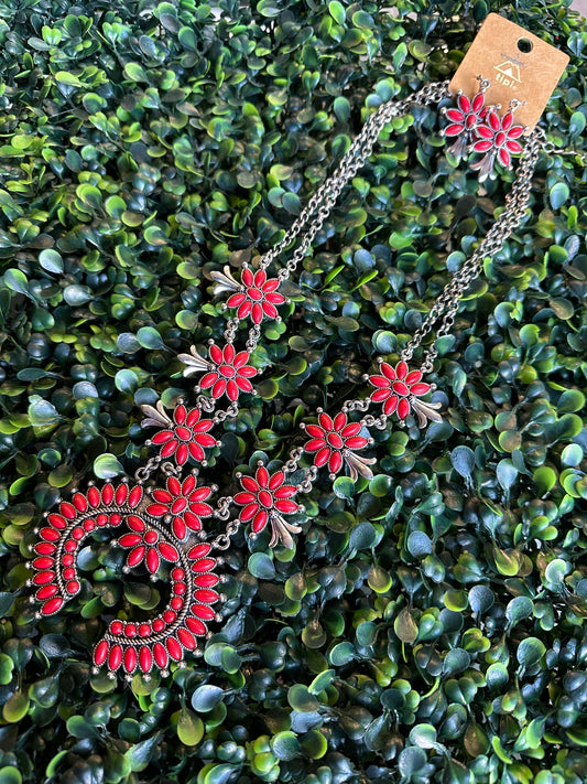 Red stone necklace and earrings set