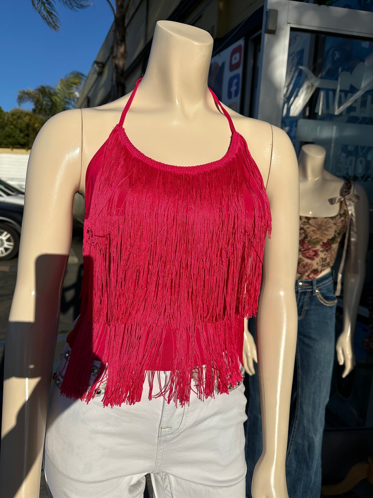 Halter fringe top (hot pink)