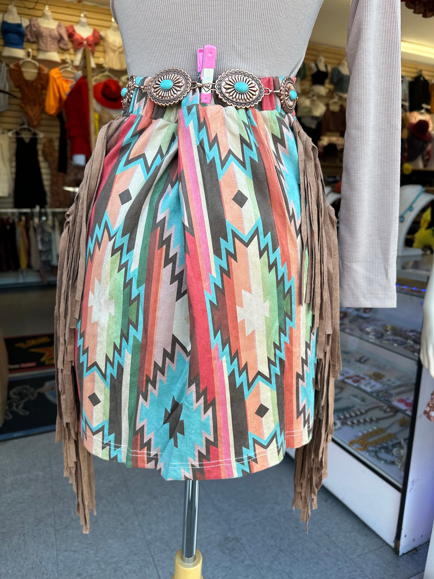 Aztec print fringe skirt
