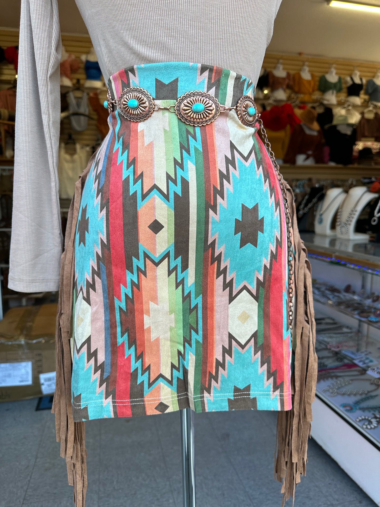 Aztec print fringe skirt