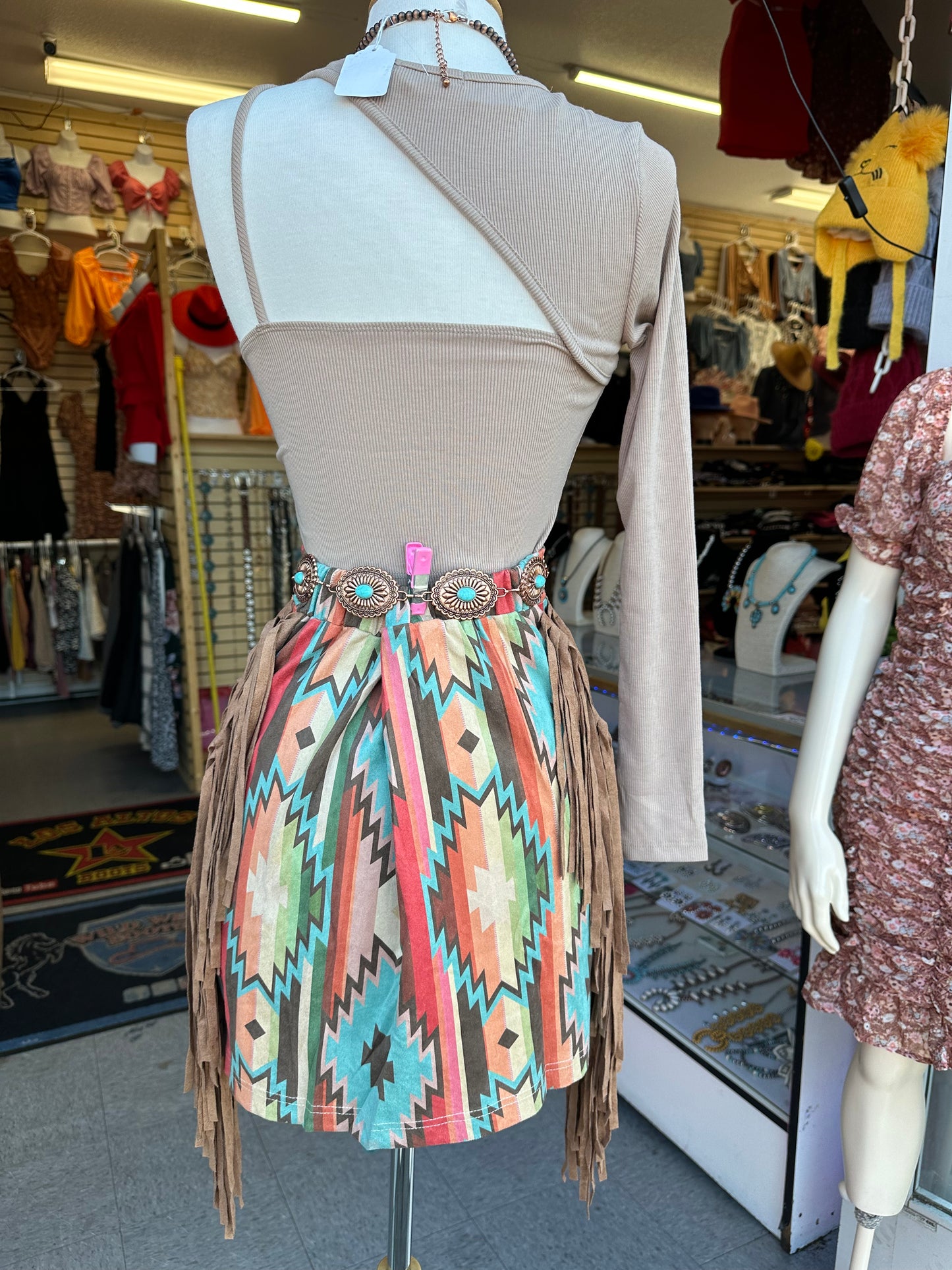 Aztec print fringe skirt