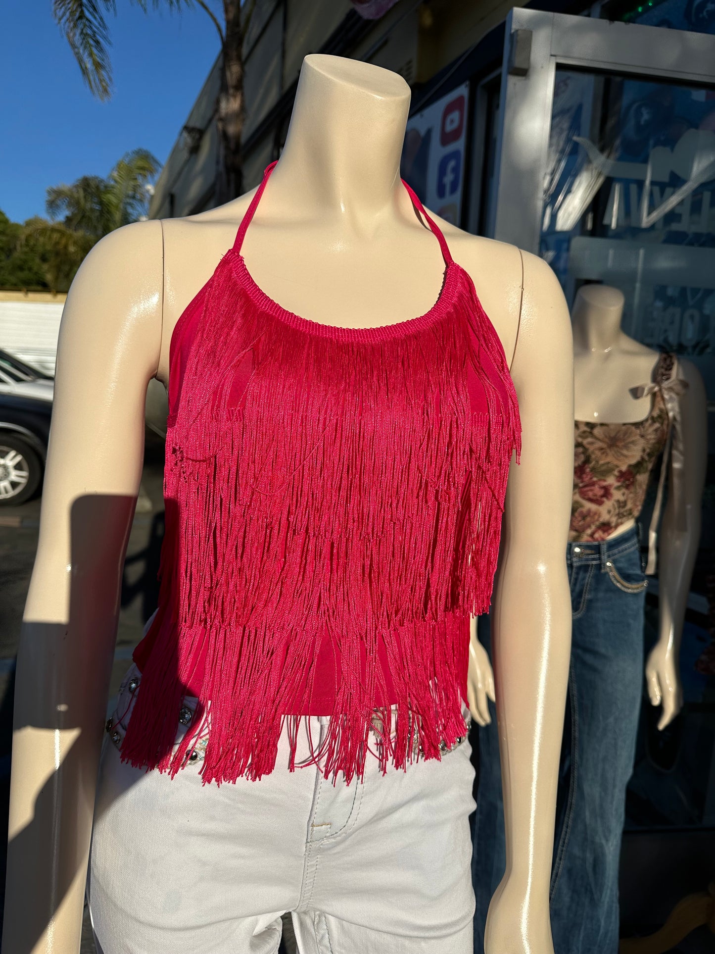 Halter fringe top (hot pink)