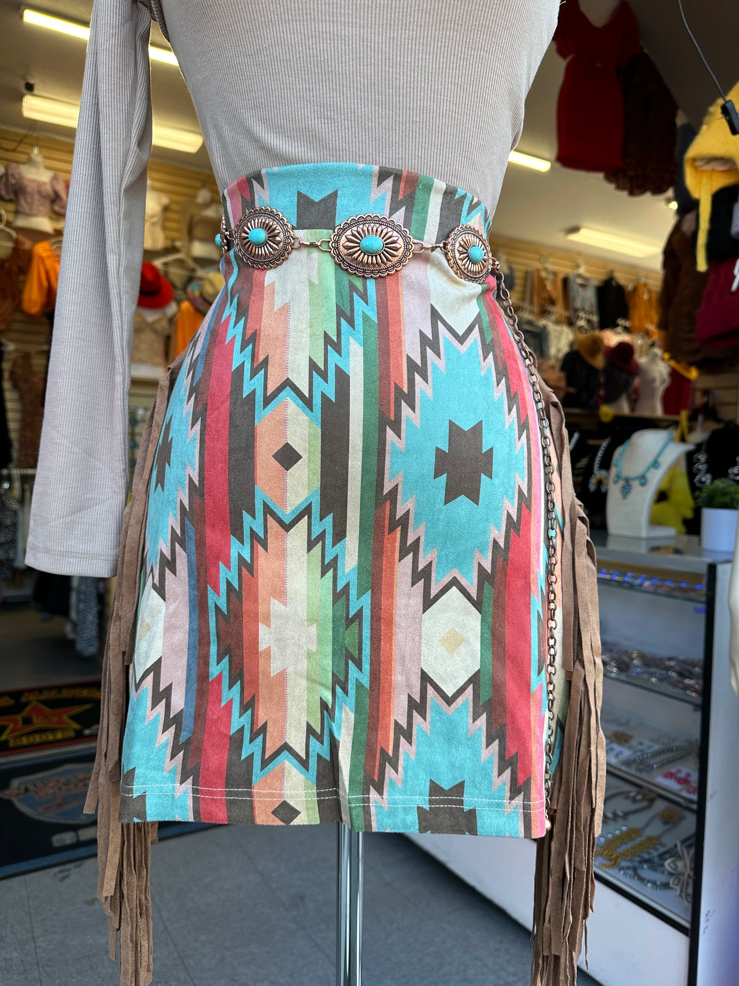 Aztec print fringe skirt