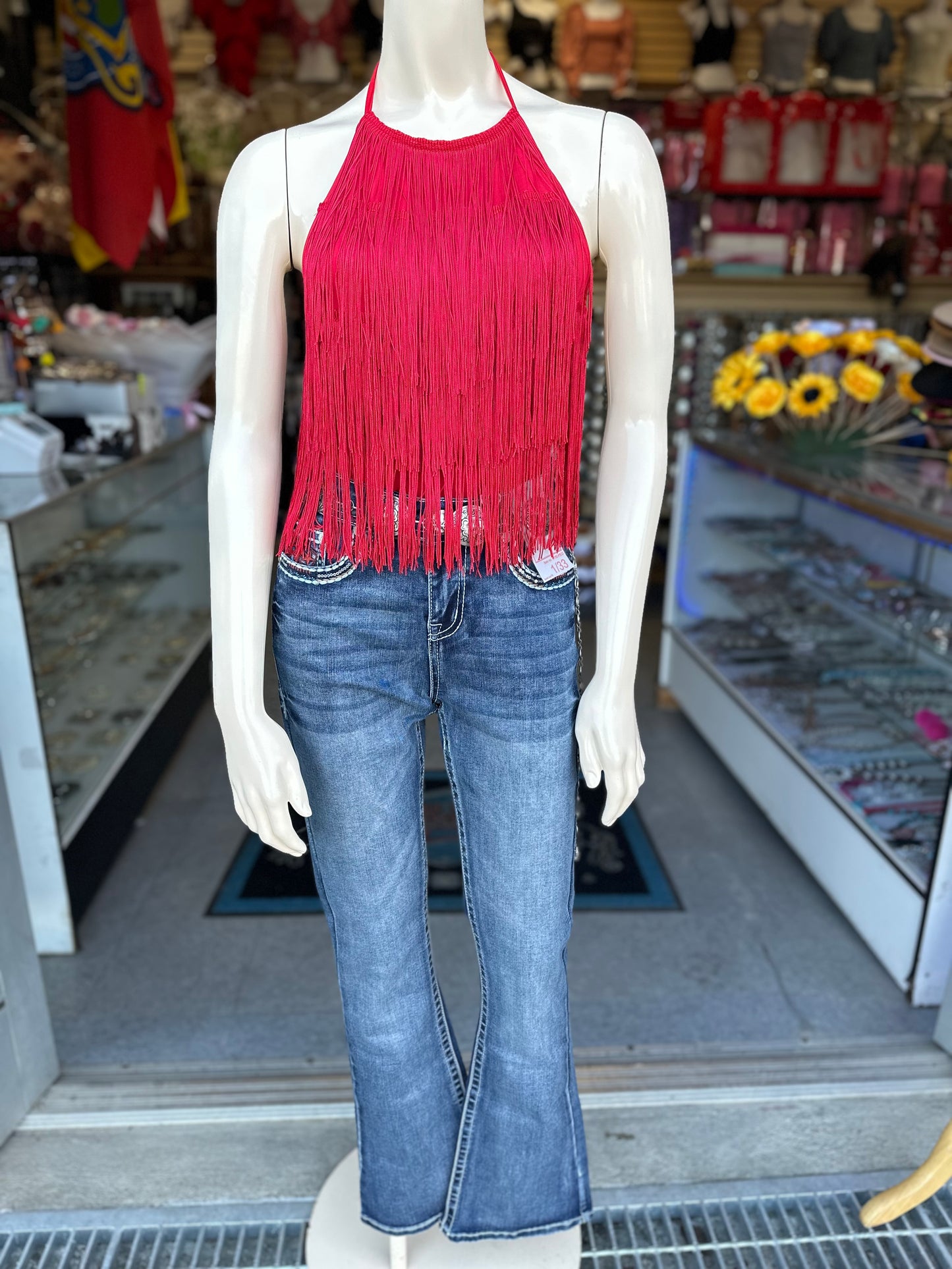 Halter fringe bodysuit(black & red color)