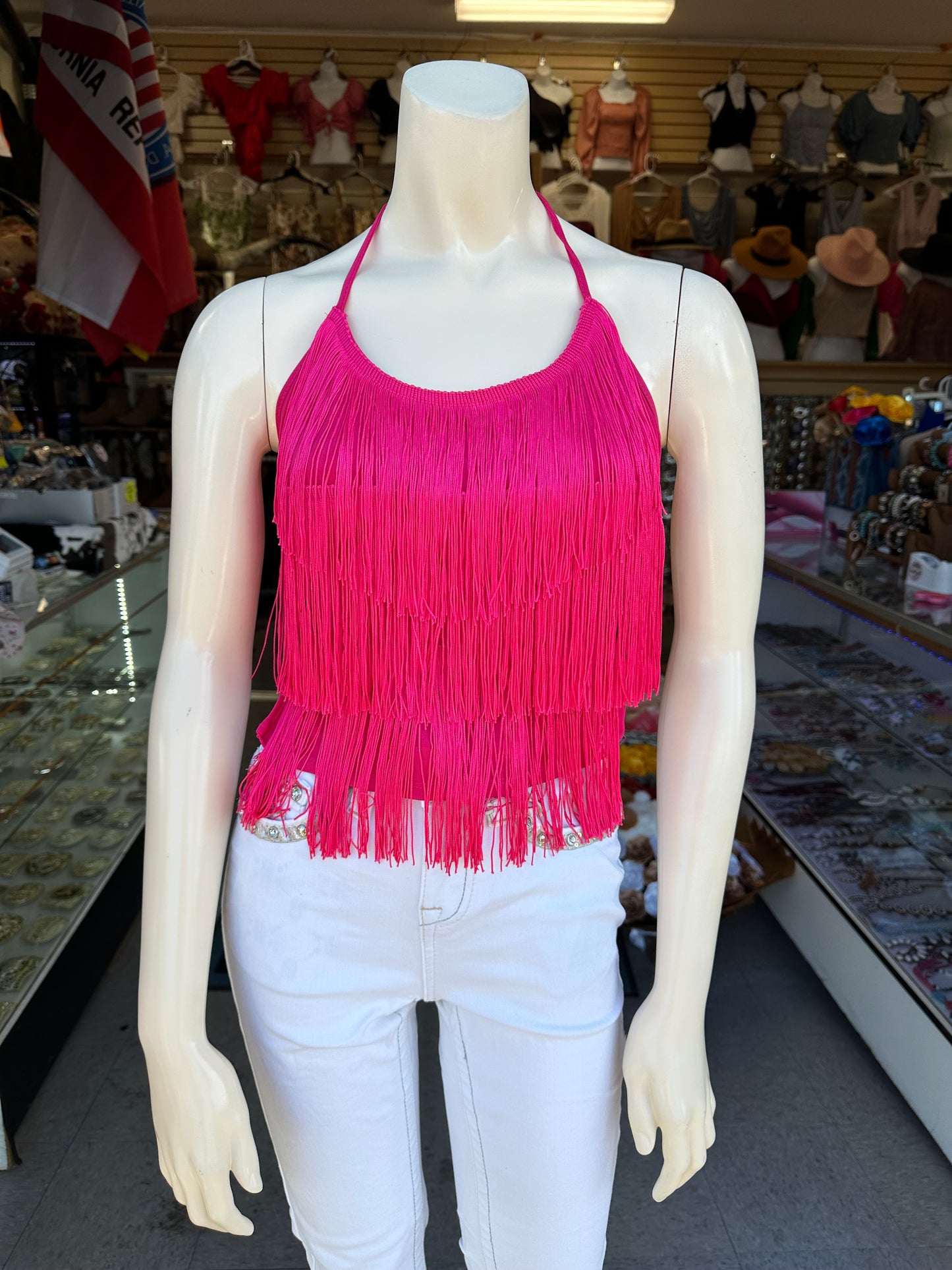 Halter fringe top (hot pink)