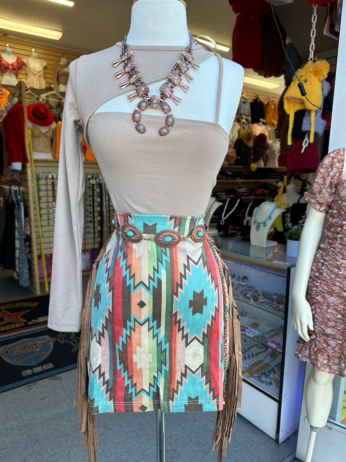 Aztec print fringe skirt