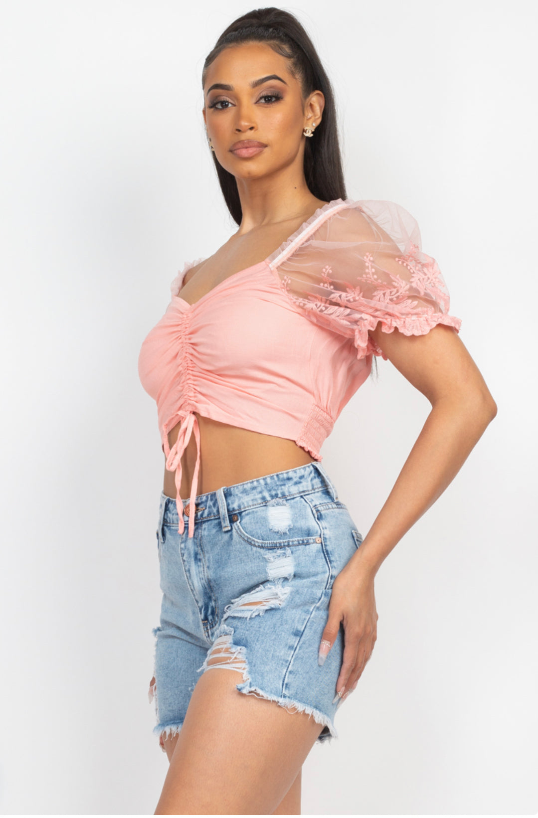 Lace Puff Sleeve Ruched