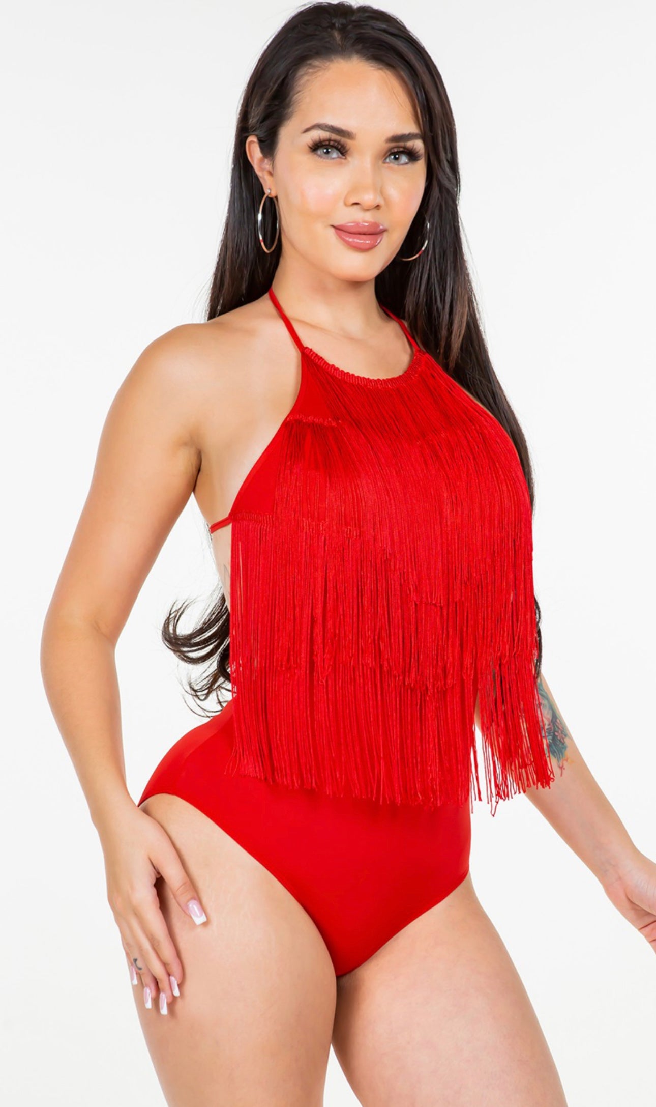 Halter fringe bodysuit(black & red color)