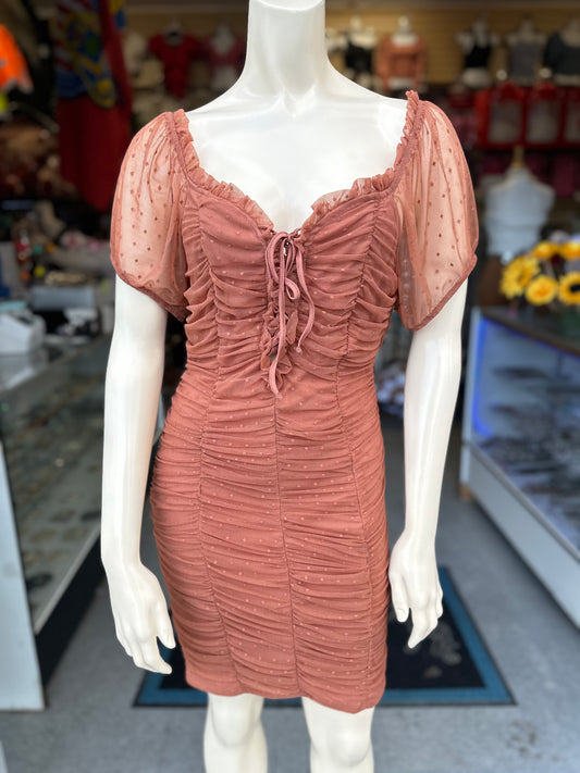 Ruched off shoulder dotted dress (plus size only)