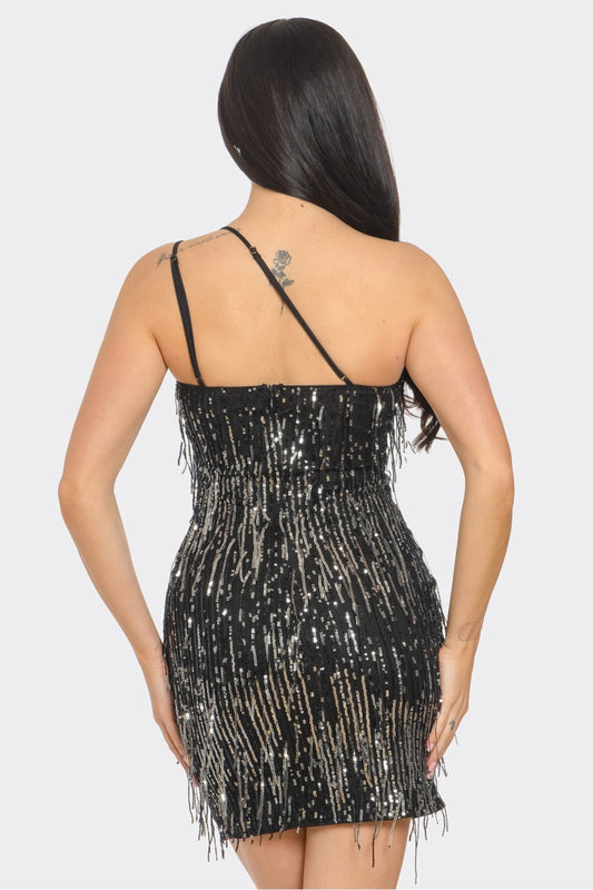 Off shoulder fringe sequins dress