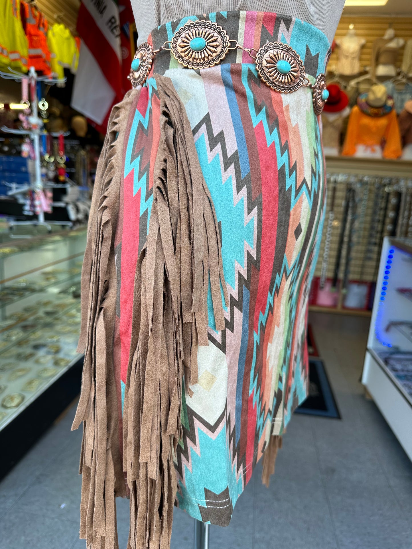 Aztec print fringe skirt