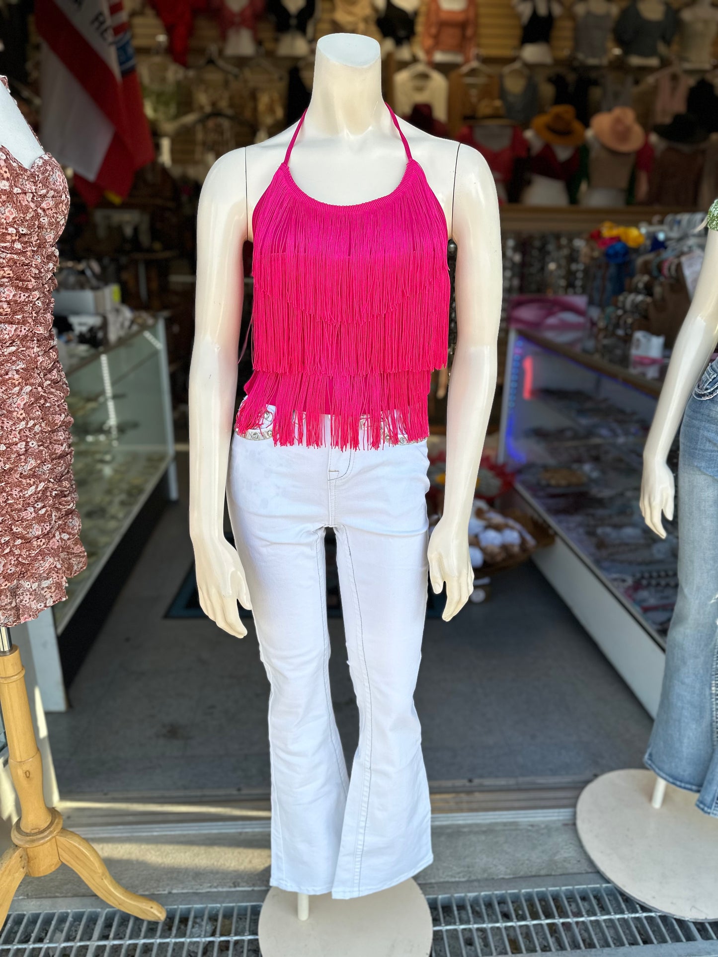 Halter fringe top (hot pink)