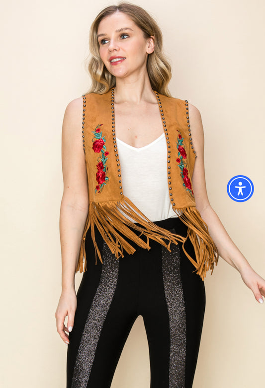 ROSE EMBROIDERED SUEDE VEST WITH FRINGES