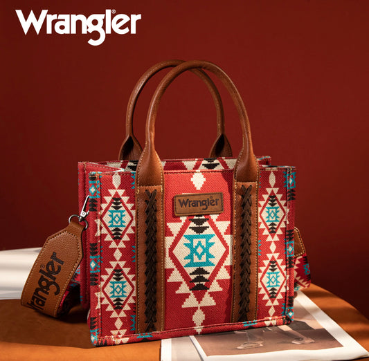 Wrangler Burgundy Allover Aztec Dual Sided Print Crossbody Canvas Tote Red
