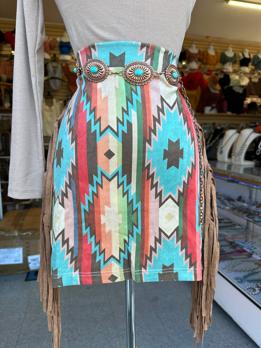 Aztec print fringe skirt