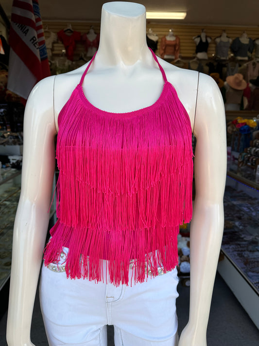 Halter fringe top (hot pink)