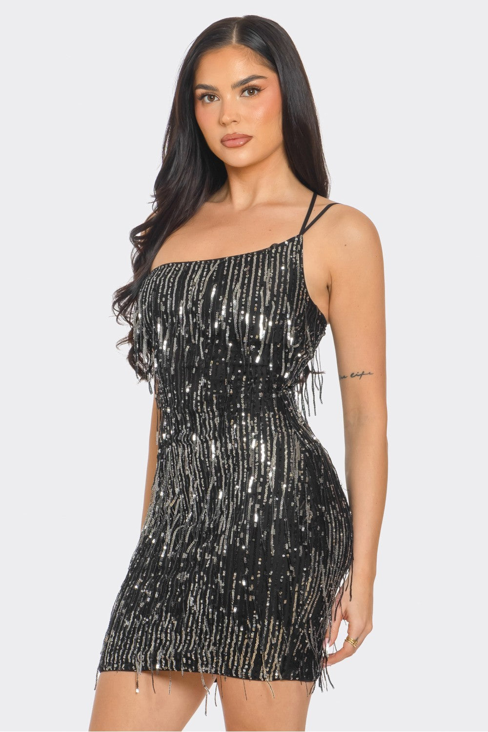 Off shoulder fringe sequins dress