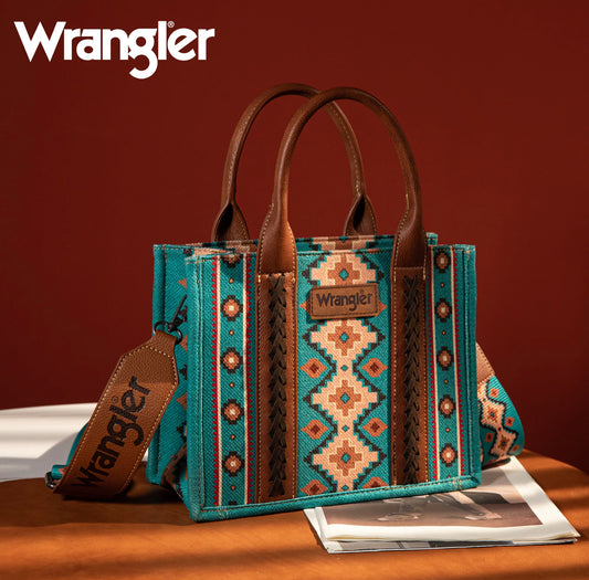 Wrangler Turquoise Allover Aztec Dual Sided Print Crossbody Canvas Tote
