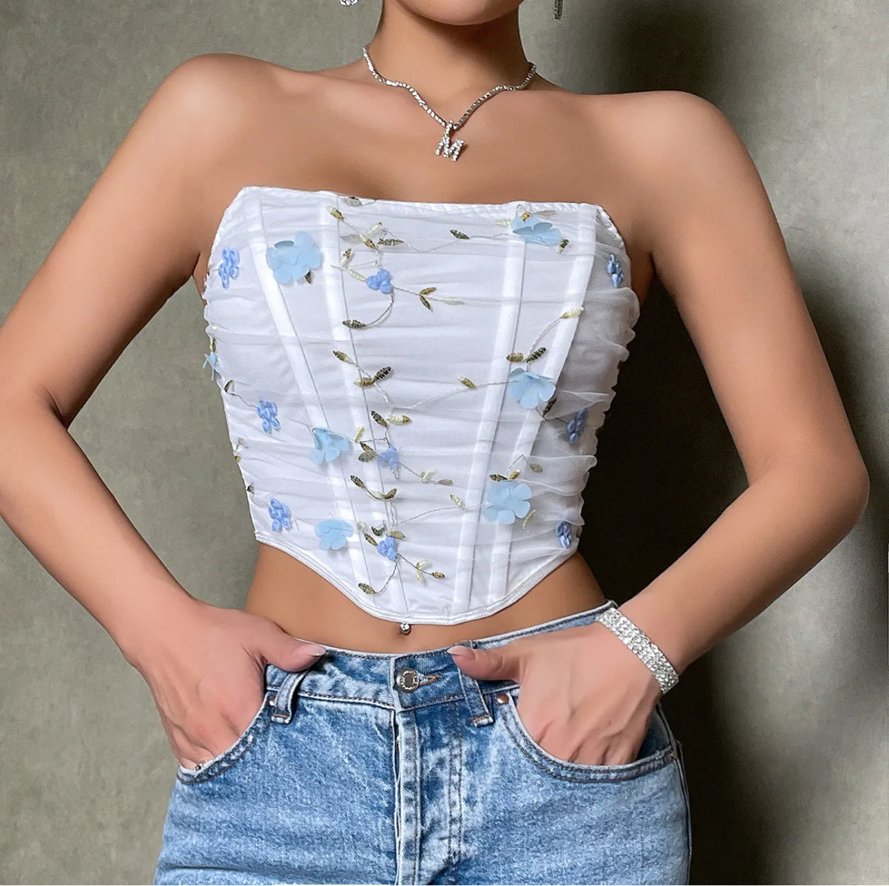 Embroidered tube top(5 colors available)