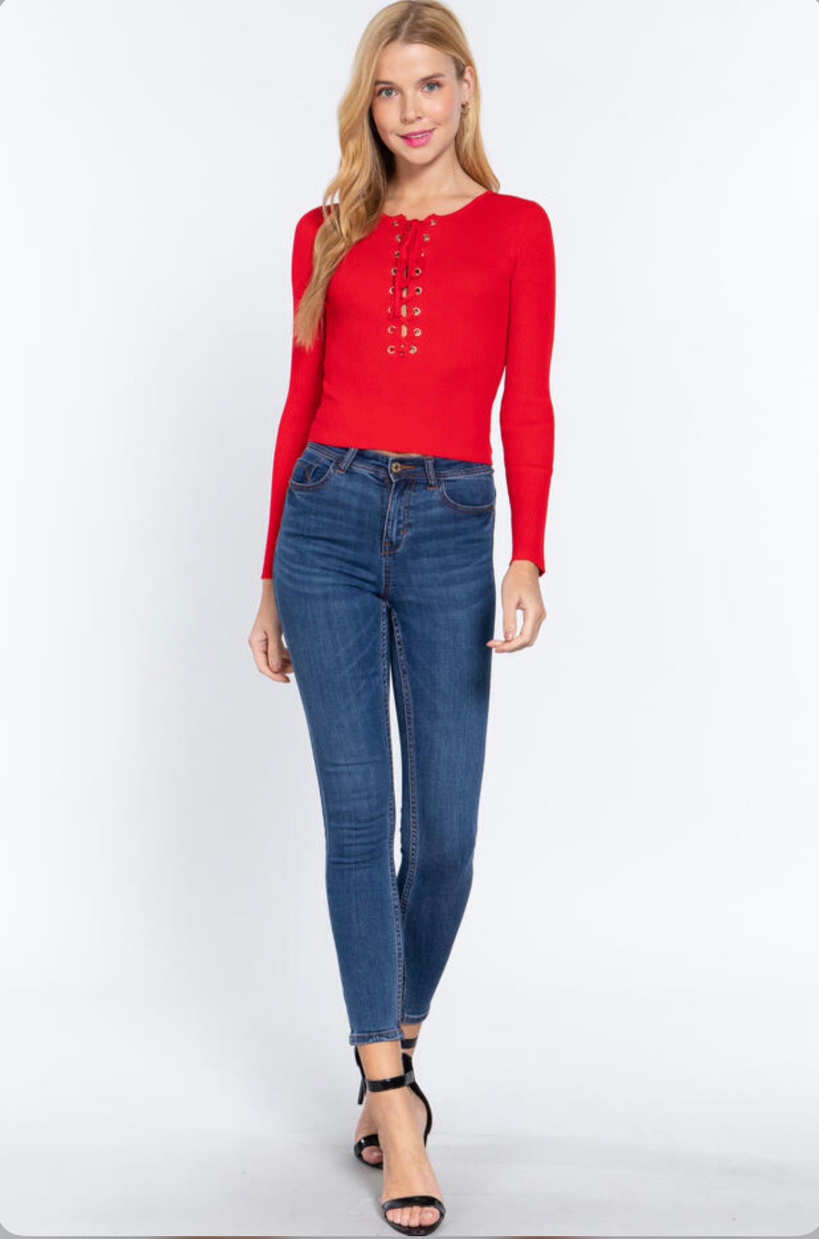 LONG SLV CREW NECK LACE UP TOP